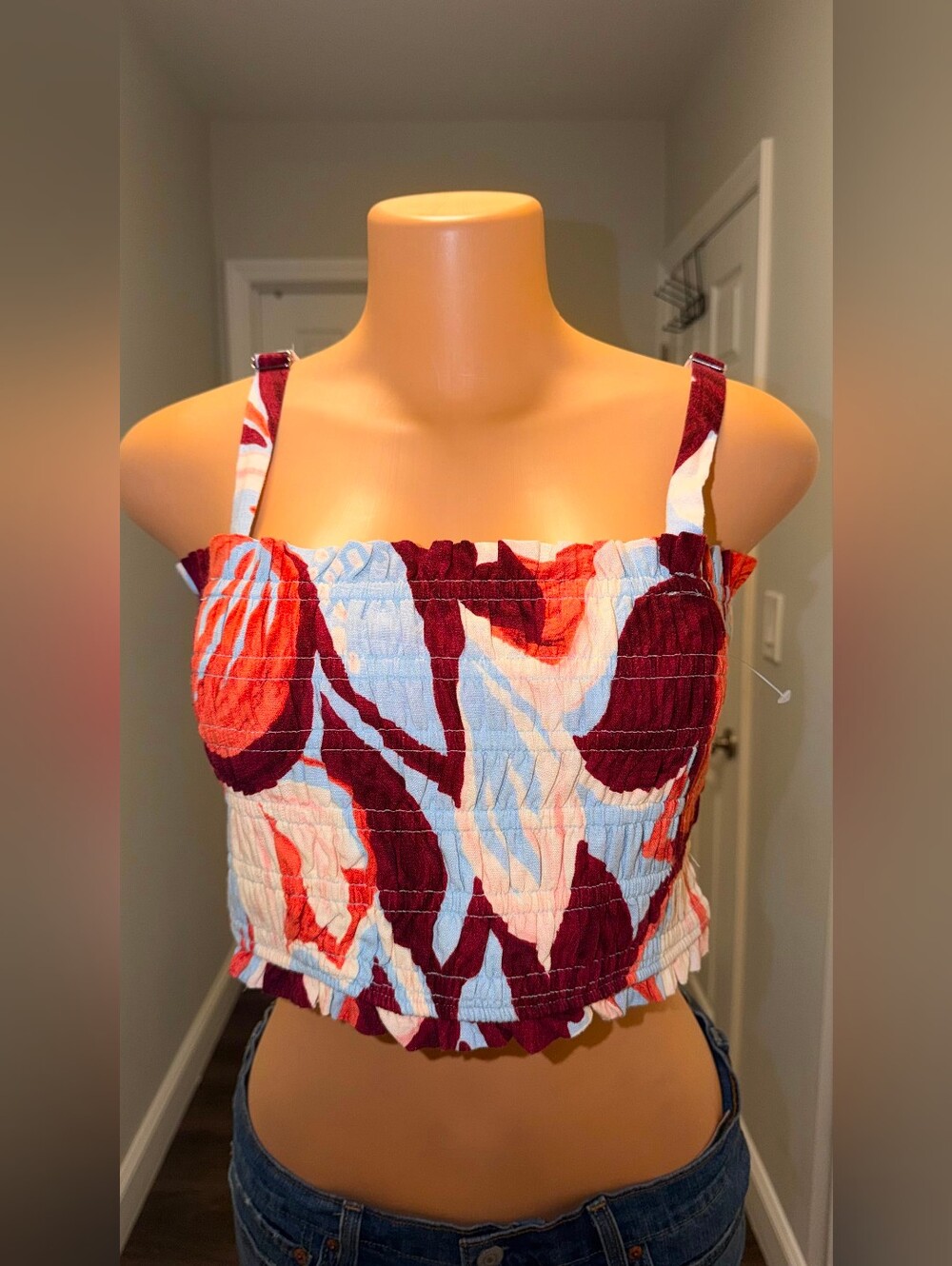 NWT PAPER HEART Smocked Floral Crop Tank Top - Red Multi SZ XL
